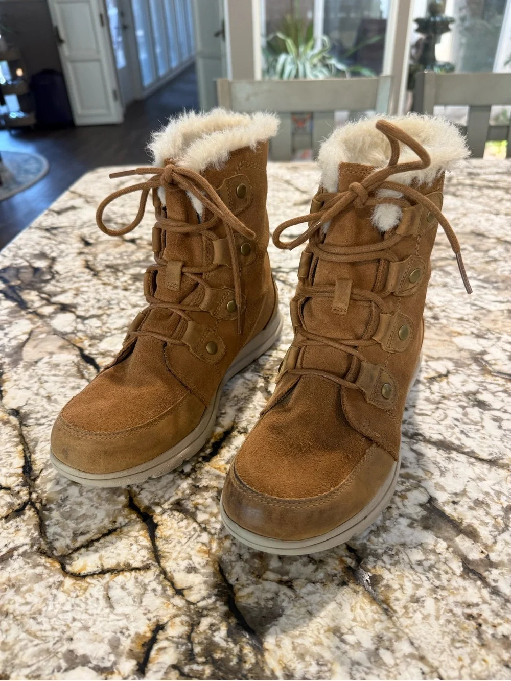 Sorel Women’s Explorer Joan Waterproof Winter Boot in Camel Brown Size 9